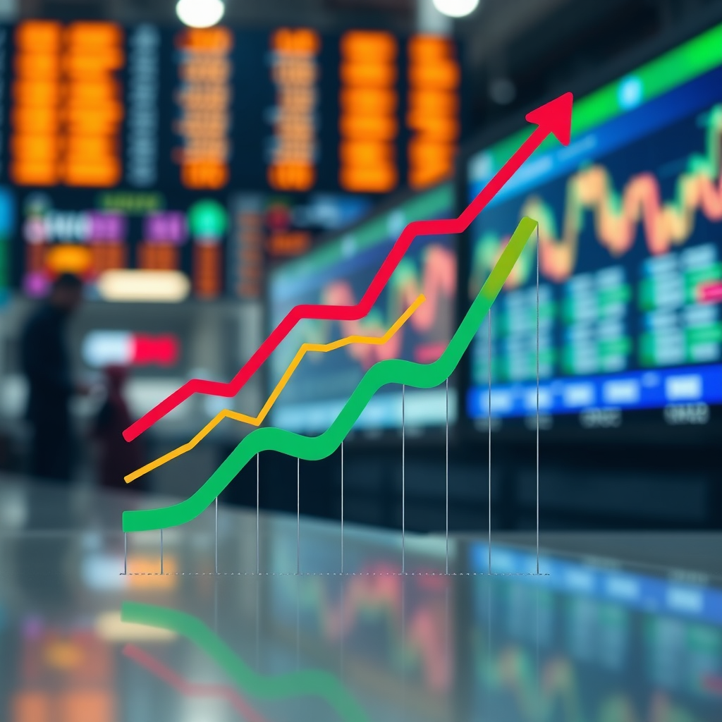 A dynamic image showcasing the concept of investment diversification. The scene features a stylized chart with multiple colored lines representing different asset classes. The lines are moving upward, symbolizing growth and diversification. The background is a blurred image of a bustling stock market, representing the excitement and potential of the financial markets. The color palette should include a mix of vibrant colors, representing the diversity of investment options. Camera angle: close-up, focusing on the chart and the movement of the lines. Style: modern, dynamic, and informative.