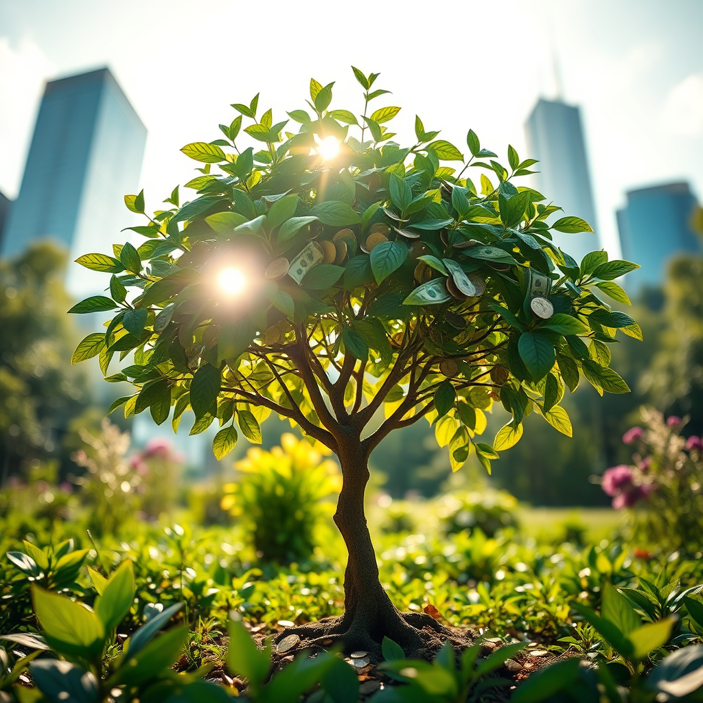 A photorealistic image of a growing money tree in a lush garden. The tree is laden with coins and dollar bills, symbolizing wealth and prosperity. Sunlight filters through the leaves, creating a warm and inviting atmosphere. In the background, there is a blurred image of a modern city skyline, representing the potential for financial growth and opportunity. The color palette should be dominated by greens and golds, representing wealth and growth. Camera angle: low angle, looking up at the tree to emphasize its height and abundance. Style: optimistic, aspirational, and slightly whimsical.
