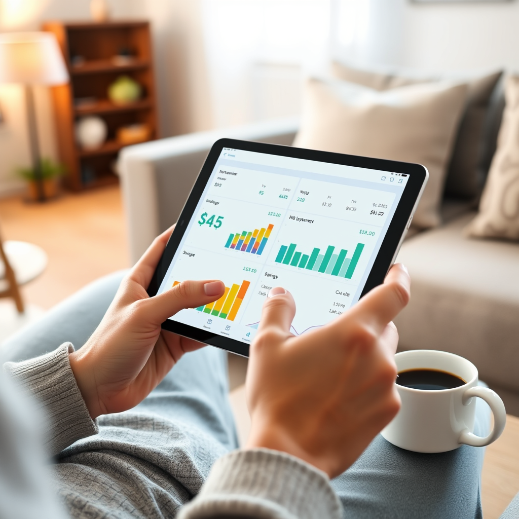  A photorealistic image of a person using a budgeting app on their tablet. The interface is clean and intuitive, displaying colorful charts and graphs representing income, expenses, and savings. The background is a cozy home environment, with soft lighting and comfortable furniture, implying financial security and relaxation. A cup of coffee sits nearby, suggesting a calm and focused approach to financial planning. Color palette should be dominated by calming blues and greens, representing stability and growth. Camera angle: close-up, focusing on the tablet screen and the person's hands as they interact with the app. Style: modern, clean, and user-friendly.