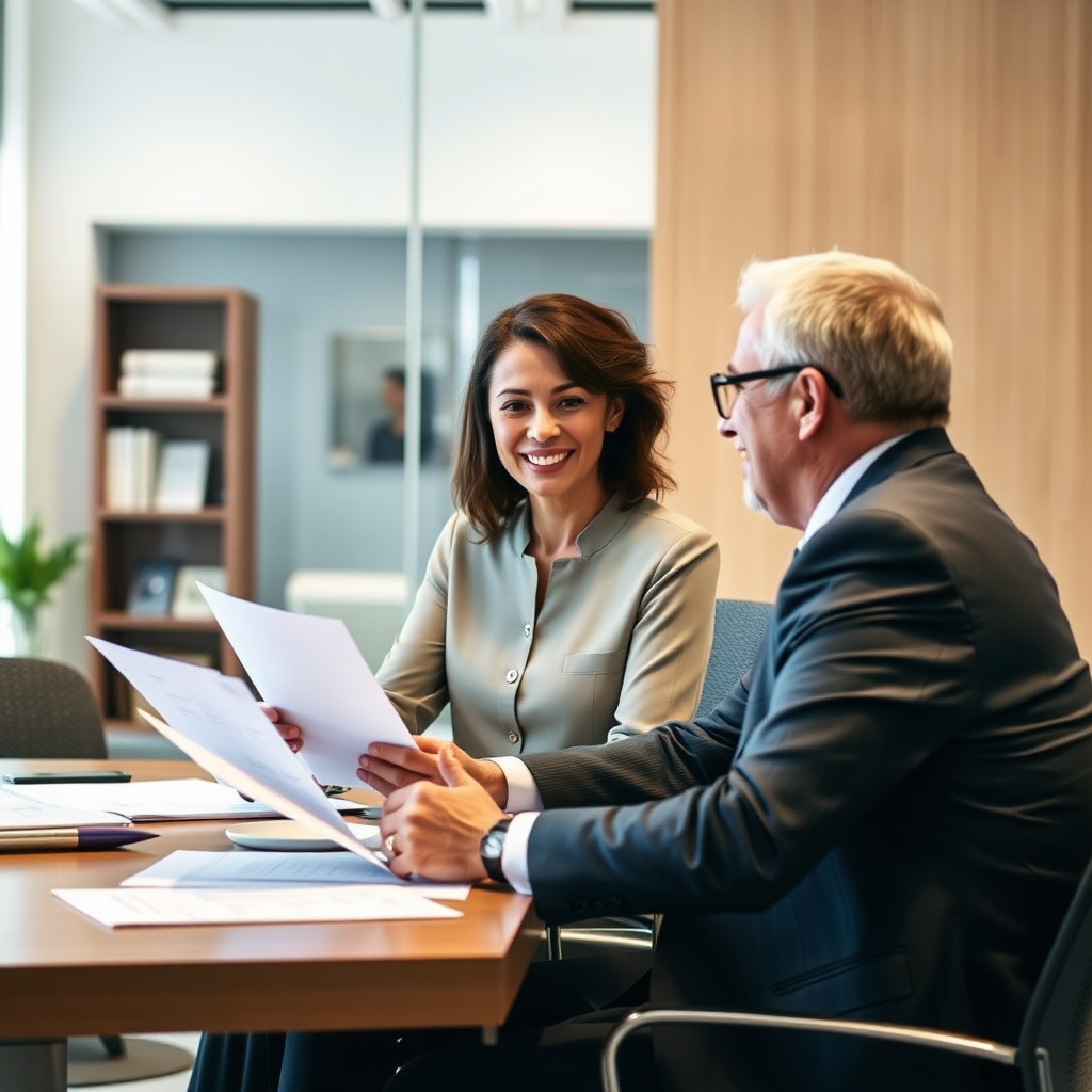 A professional and trustworthy image of a person receiving personalized financial advice from a friendly advisor. They are sitting together at a desk in a modern office setting, reviewing financial documents and discussing their goals. The advisor is actively listening and providing helpful insights. The color palette is warm and inviting, using shades of brown, green, and blue. Camera angle: medium shot, capturing the interaction between the person and the advisor.