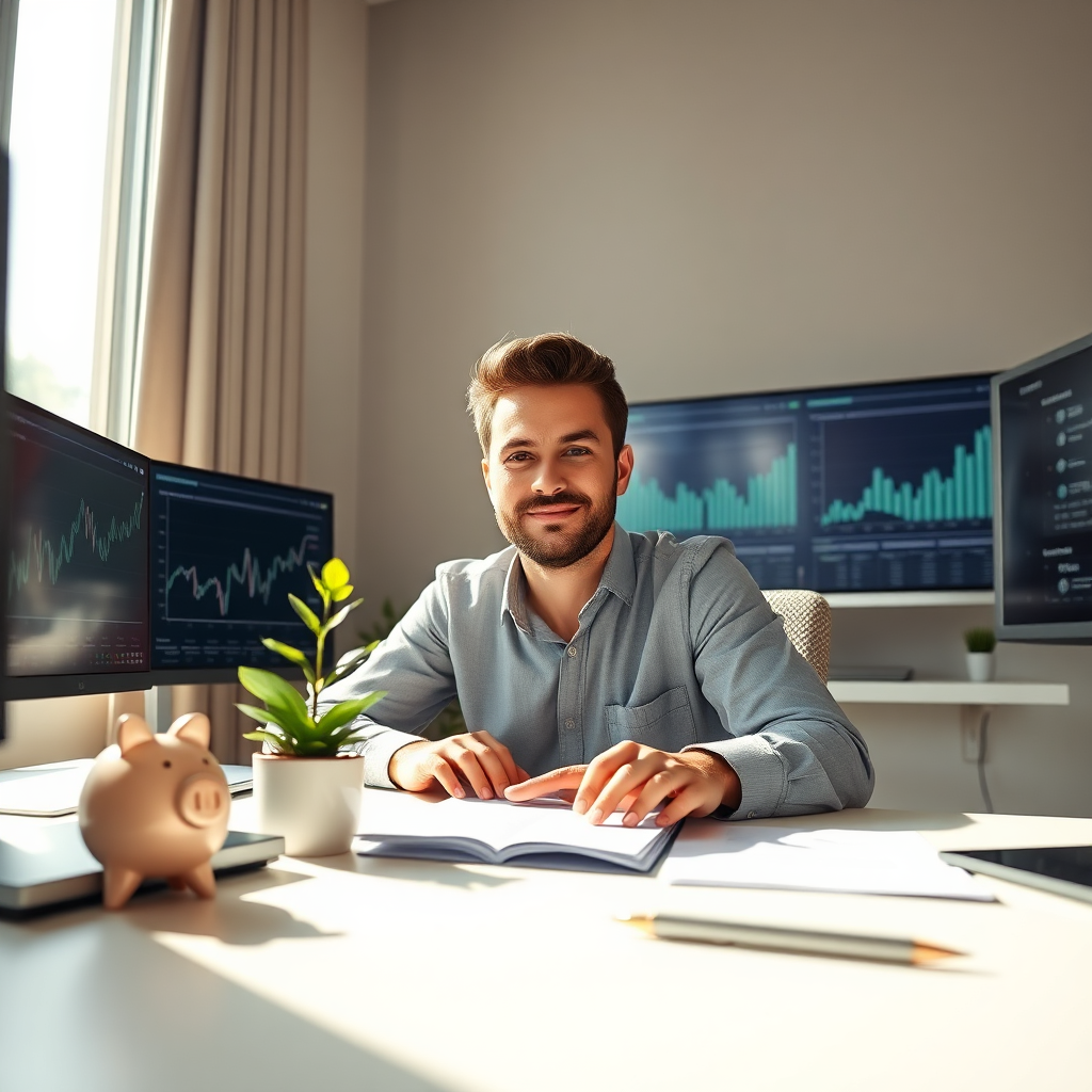A stunning, 8K photorealistic image depicting a modern professional confidently managing their finances. They are at a bright, sunlit desk, surrounded by subtle financial charts and graphs on multiple screens. The primary focus is on the individual's face, conveying both intelligence and peace of mind. The scene should incorporate elements of growth, such as a small potted plant, and symbols of security, like a stylized piggy bank. Soft, diffused lighting from a window creates a welcoming atmosphere. The color palette should be primarily greens and blues, symbolizing money and trust, with accents of gold to represent prosperity. Camera angle: slightly low, looking up to subtly empower the subject. Details such as the texture of paper and the gleam of metal pens should be hyperrealistic. Style reference: a blend of contemporary office aesthetics and aspirational finance imagery.