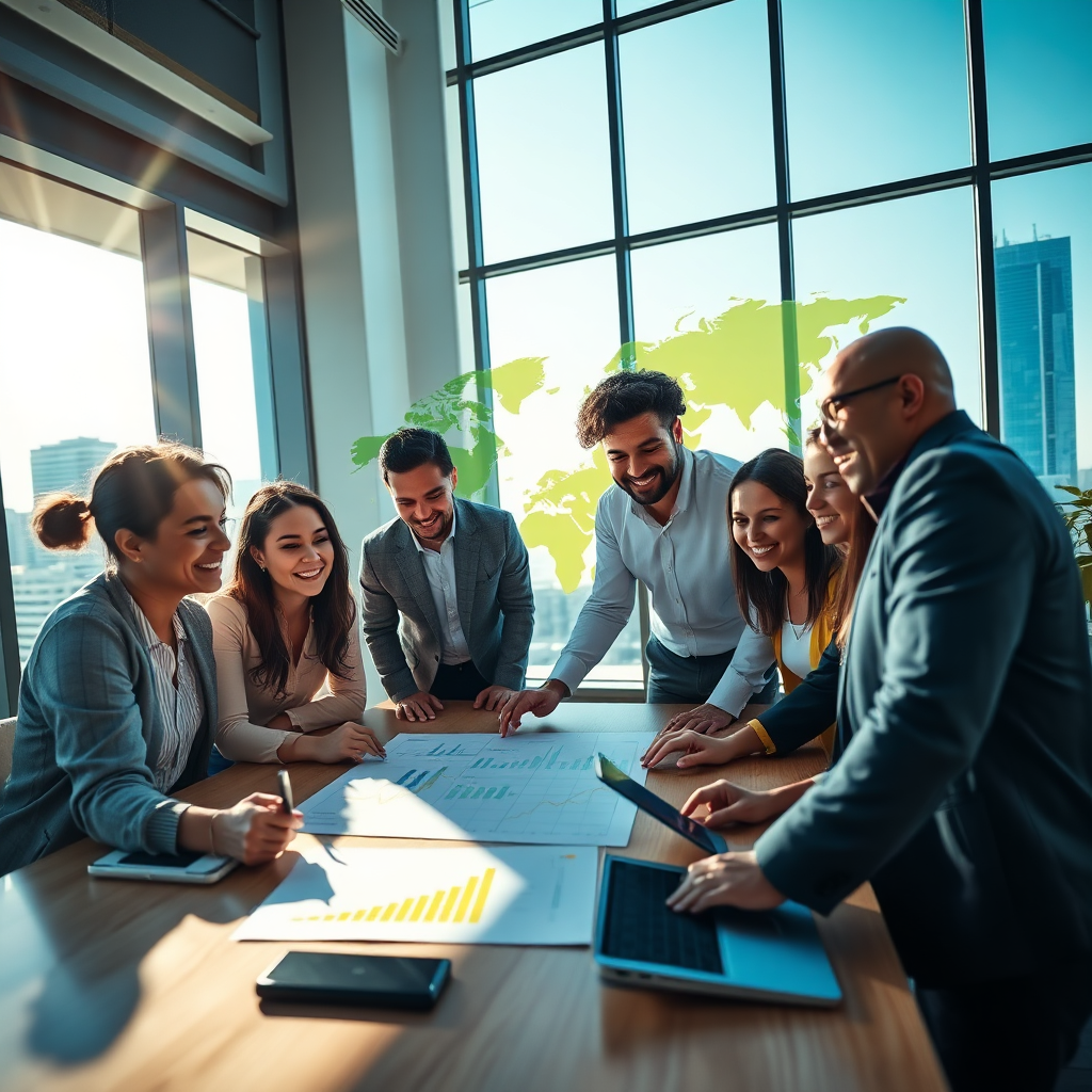 A vibrant, photorealistic image showcasing a diverse group of people collaborating on financial planning. The scene takes place in a modern, open-plan office with large windows overlooking a cityscape. The team is gathered around a table, reviewing charts and graphs, with expressions of collaboration and success. Sunlight streams in, casting a warm glow on the scene. The color palette includes shades of blue, green, and yellow, representing trust, growth, and optimism. A stylized world map in the background symbolizes global financial opportunities. Consider elements of technological integration, such as tablets and laptops, displaying financial data. Camera angle: eye-level, capturing the teamwork and positive energy. Style: modern, collaborative, and aspirational.