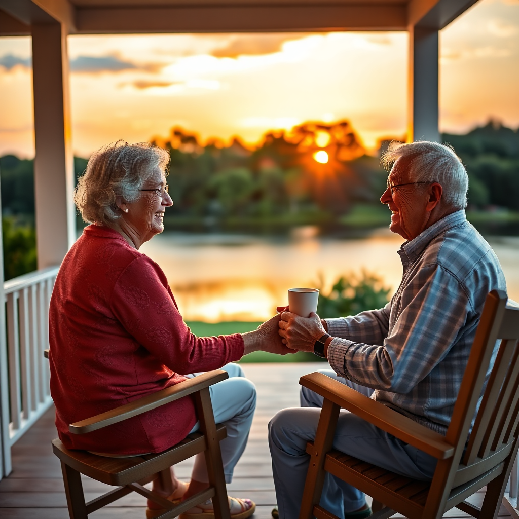 A warm, inviting image of an older couple enjoying their retirement years. They are sitting on a porch overlooking a peaceful lake, with a beautiful sunset in the background. They are holding hands and smiling, conveying contentment and security. The color palette should include warm oranges, yellows, and blues, representing peace, happiness, and financial stability. Consider incorporating elements of relaxation, such as a rocking chair or a cup of tea. Camera angle: medium shot, capturing the couple's expressions and the beauty of the surrounding environment. Style: peaceful, serene, and aspirational.